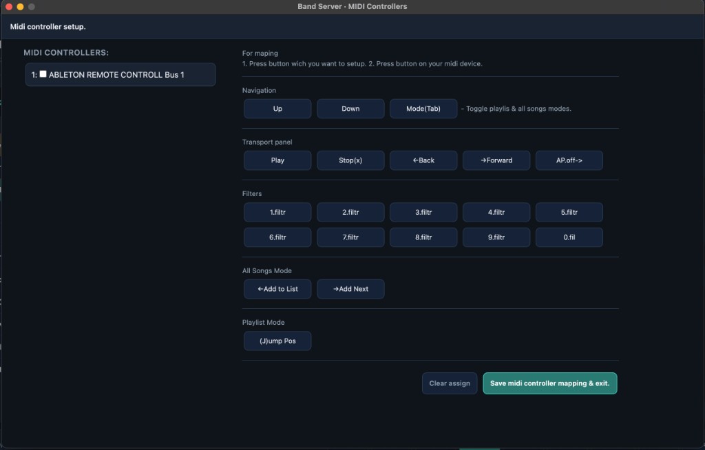 MIDI controller mapping for navigation, transport, and filters