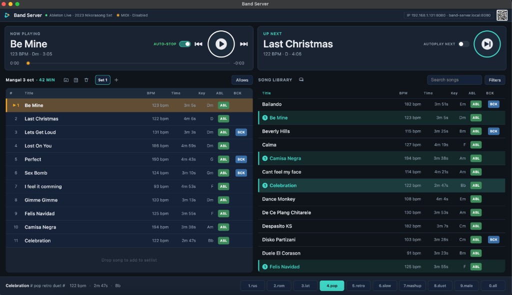 Band Server on Mac: now playing, the setlist, and the song library